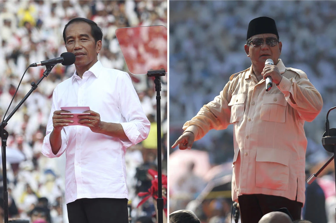 Indonesian President Joko Widodo, left, and his challenger in the upcoming election Prabowo Subianto during their campaign rallies in Jakarta, Indonesia. (AP)