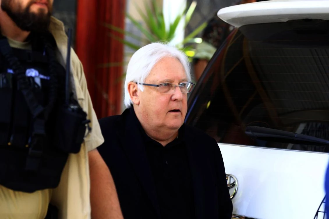 Martin Griffiths (R), the UN special envoy for Yemen, arrives at Sanaa international airport in the Yemeni capital on April 8, 2019. (AFP)