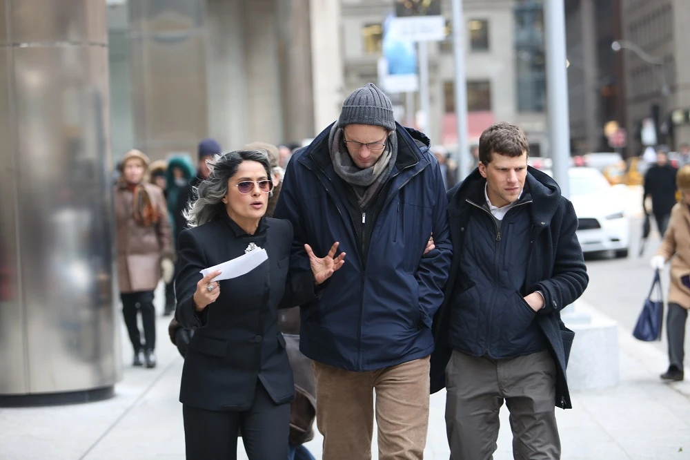 Salma Hayek and Jesse Eisenberg, right, star in ‘The Hummingbird Project.’ (Supplied)