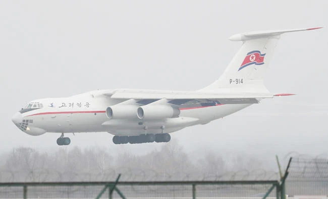 In a photo taken on April 23, 2019 a North Korea Air Koryo Ilyushin Il-76MD aircraft lands in Vladivostok. North Korean leader Kim Jong Un crossed the border into Russia on April 24 for a first summit with Vladimir Putin, as Pyongyang seeks closer ties with its traditional ally amid a nuclear deadlock with the United States. (AFP)