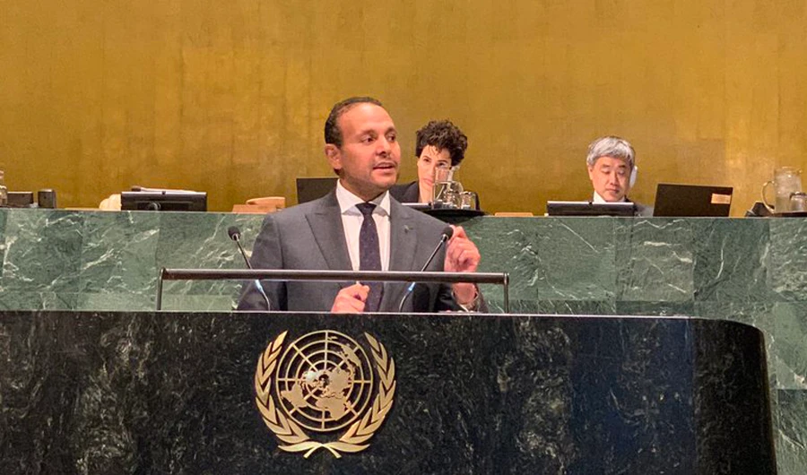 Dr. Khaled Manzlawiy, deputy permanent representative of the permanent mission of Saudi Arabia to the UN, speaks in New York. (SPA)