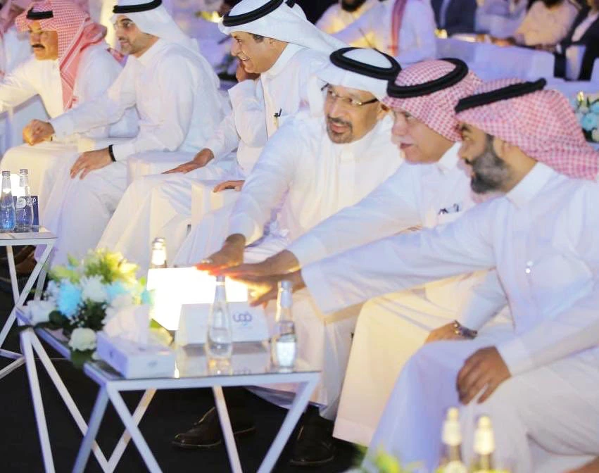 From left to right, Minister of Energy, Industry and Mineral Resources Khalid Al-Falih, Minister of Commerce and Investment Dr. Majid Al-Qassabi, and Minister of Telecommunication and IT Abdullah bin Amer Al-Sawaha, during the launch of the Qiwa platform. (Social media image)