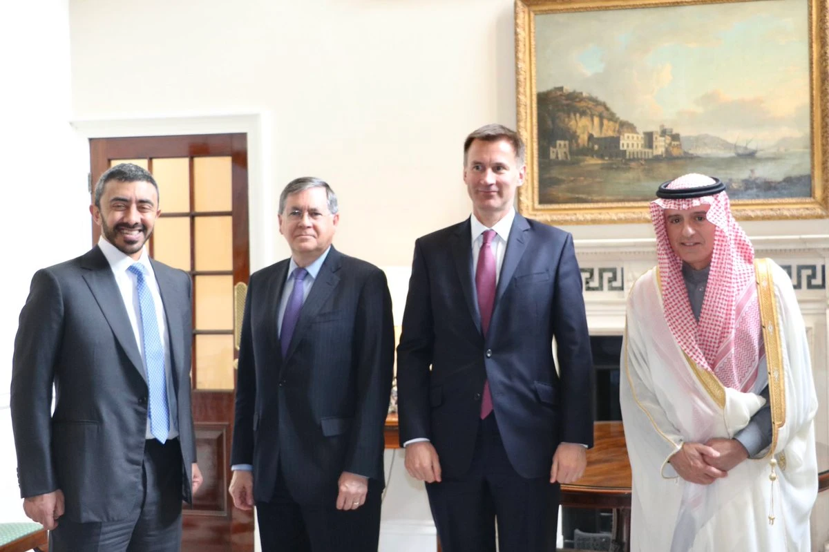 Minister of State for Foreign Affairs Adel Al-Jubeir with representatives from the UAE, UK and US during a meeting of the Yemen Quartet. (Saudi Foreign Ministry)