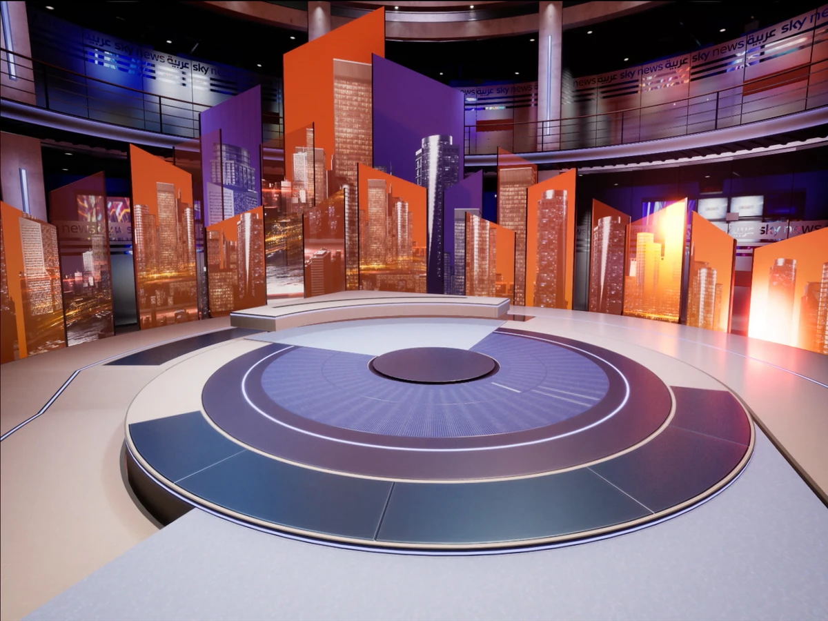 The studio set for Sky News Arabia’s new show “Timeline” uses virtual reality and augmented reality technologies. (Supplied)