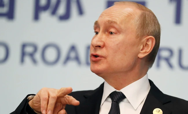 Russian President Vladimir Putin gestures as he speaks during a news conference at the Second Belt and Road Forum for International Cooperation (BRF) in Beijing, China, 27 April 2019. (REUTERS)