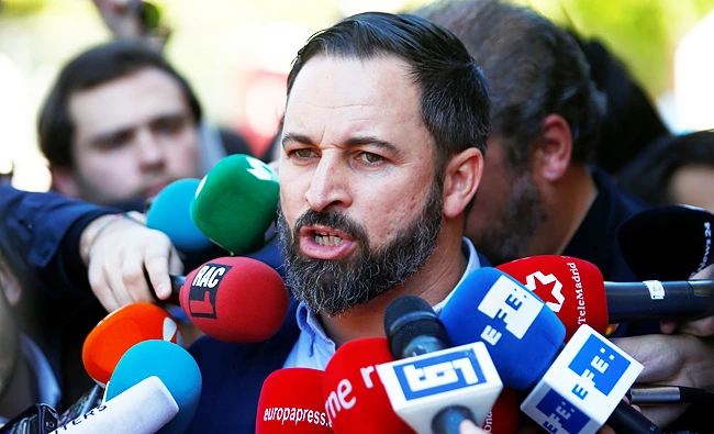 Spain's far-right party VOX candidate Santiago Abascal talks to the media after casting his vote during Spain's general election in Madrid, Spain, April 28, 2019. (REUTERS)