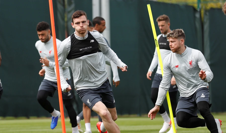 Liverpool’s Andrew Robertson and Alberto Moreno during training. (Reuters)