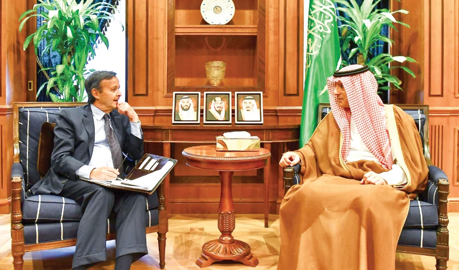 Saudi Minister of State for Foreign Affairs Adel Al-Jubeir meets Sebastiano Cardi, the director general of political and security affairs at Italy’s Ministry of Foreign Affairs, in Riyadh on Wednesday. (SPA)