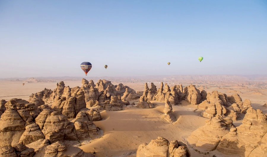 Hot air balloons fly in the skies to mark the opening of SAHAB’s headquarters in Al-Ula. (Photo/Supplied)