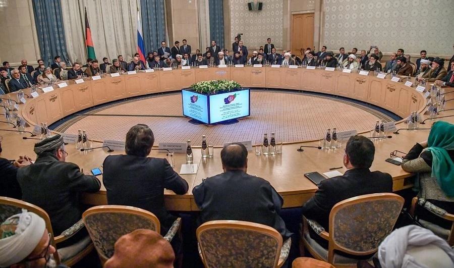 In this file photo, participants attend the opening of the two-day talks of the Taliban and Afghan opposition representatives at the President Hotel in Moscow on February 5, 2019. (AFP)