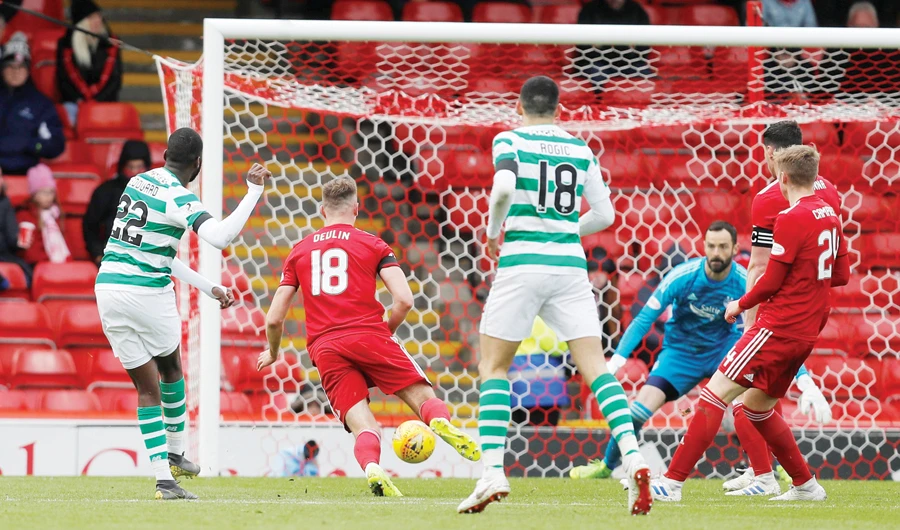 Celtic’s Odsonne Edouard scores a goal against Aberdeen in London. (Reuters)