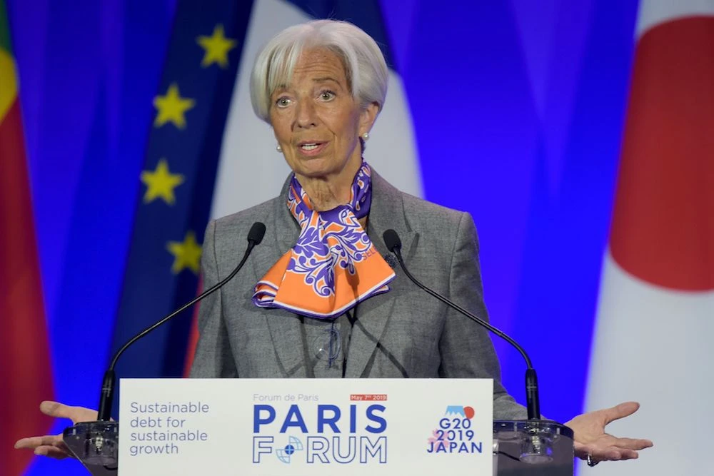IMF Managing Director Christine Lagarde addresses the Paris Forum at the Economy Ministry in Paris on May 7, 2019. (AFP)