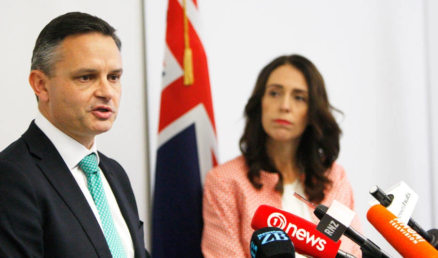 New Zealand Climate Change Minister James Shaw, left, and Prime Minister Jacinda Ardern talk to reporters on Wednesday, May 8, 2019, in Wellington, New Zealand. (AP)