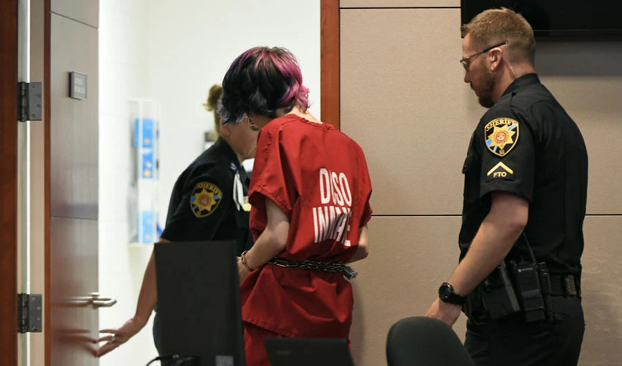 Devon Erickson is escorted from the court room after his advisement during People v. Devon Erickson the accused STEM School shooter at the Douglas County Courthouse in Castle Rock, Colorado, on May 8, 2019. (Joe Amon/The Denver Post via AP, Pool)