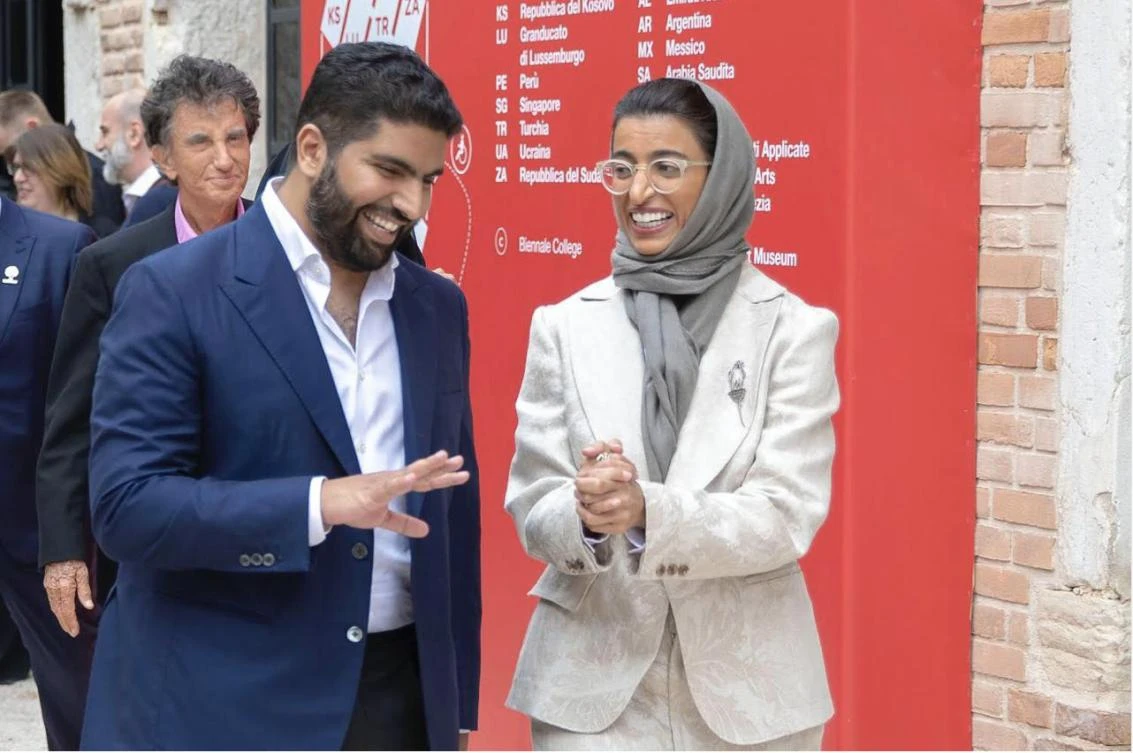 Prince Badr bin Abdullah bin Farhan, Saudi Arabia’s Minister of Culture, and his Emirati counterpart, Noura Al-Kaabi, at the 58th Venice Biennale. (SPA)