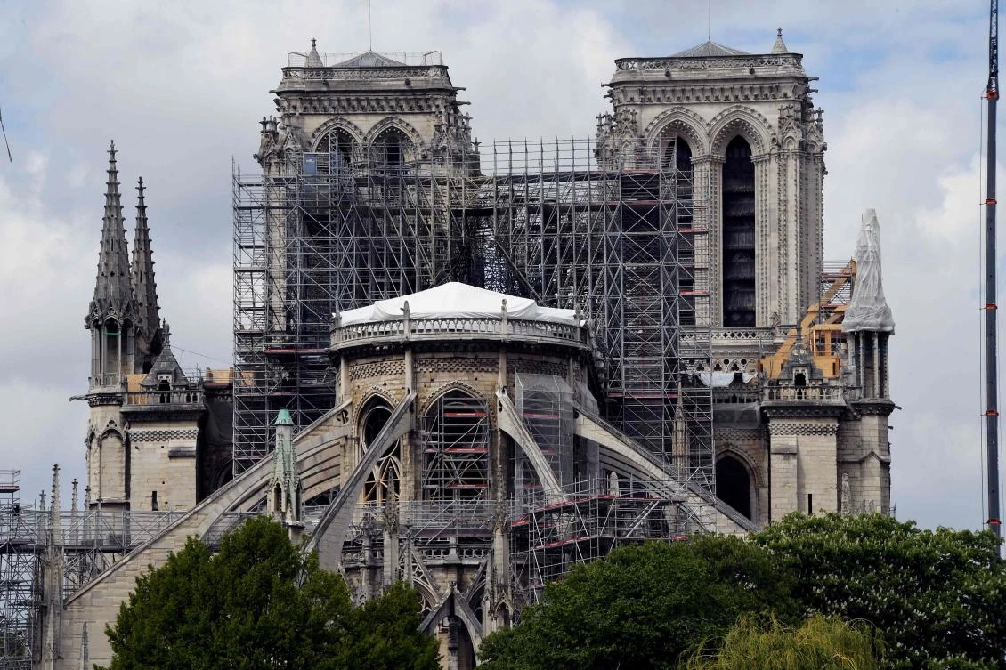 A picture taken on May 10, 2019 in Paris shows Notre-Dame de Paris cathedral as construction work is ongoing to secure the site that was badly damaged by a huge fire last April 15, on May 10, 2019. (AFP)