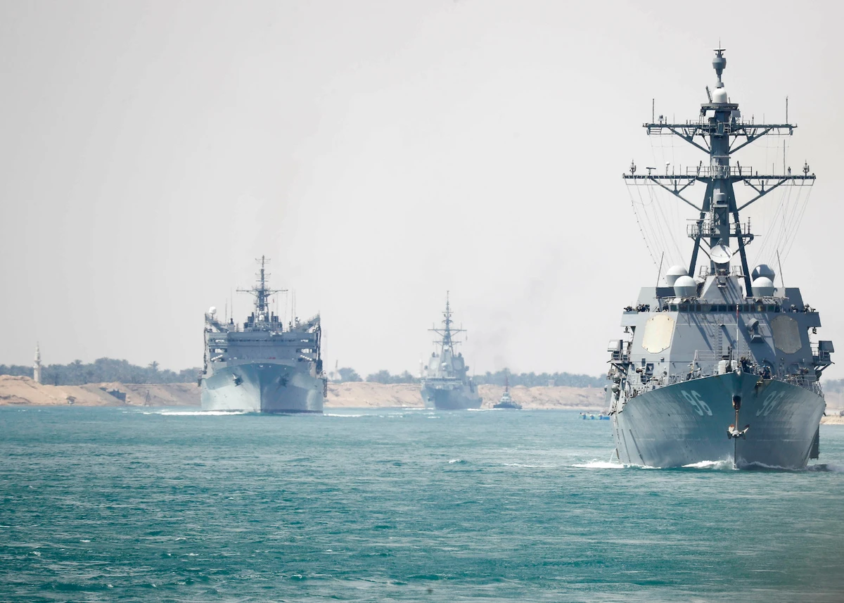 The Abraham Lincoln Carrier Strike Group transits the Suez Canal in Egypt on May 9, 2019. (US Navy/AP)