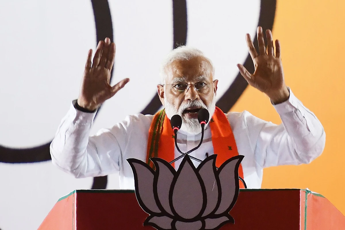 Indian Prime Minister Narendra Modi gestures as he delivers a speech during an election rally ahead of Phase VI of India's general election in Allahabad on May 9, 2019. (AFP)