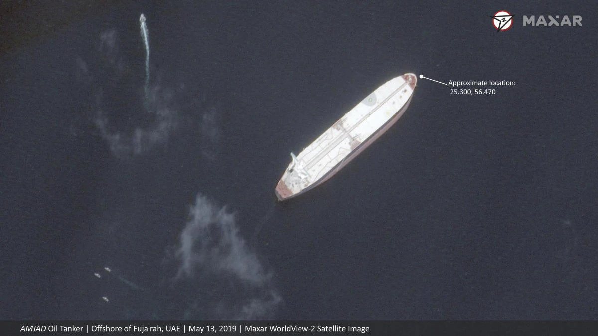 This satellite image provided by Maxar Technologies shows the Saudi-flagged oil tanker Amjad off the coast of Fujairah, United Arab Emirates, Monday, May 13, 2019. (AP)