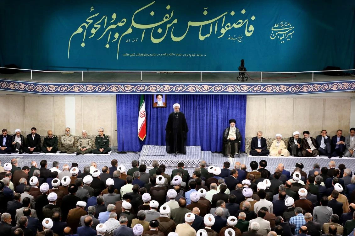 A handout picture provided by the office of Iran’s Supreme Leader Ayatollah Ali Khamenei on May 14, 2019, shows President Hassan Rouhani speaking during a government meeting in the capital Tehran. (AFP/HO/Khamenei.ir)