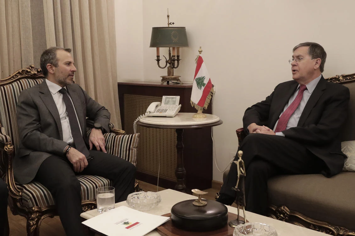 US Deputy Assistant Secretary of State David Satterfield, right, speaks with Lebanese Foreign Minister Gibran Bassil during their meeting at the Lebanese foreign ministry in Beirut, Lebanon, Wednesday, May 15, 2019. (AP)
