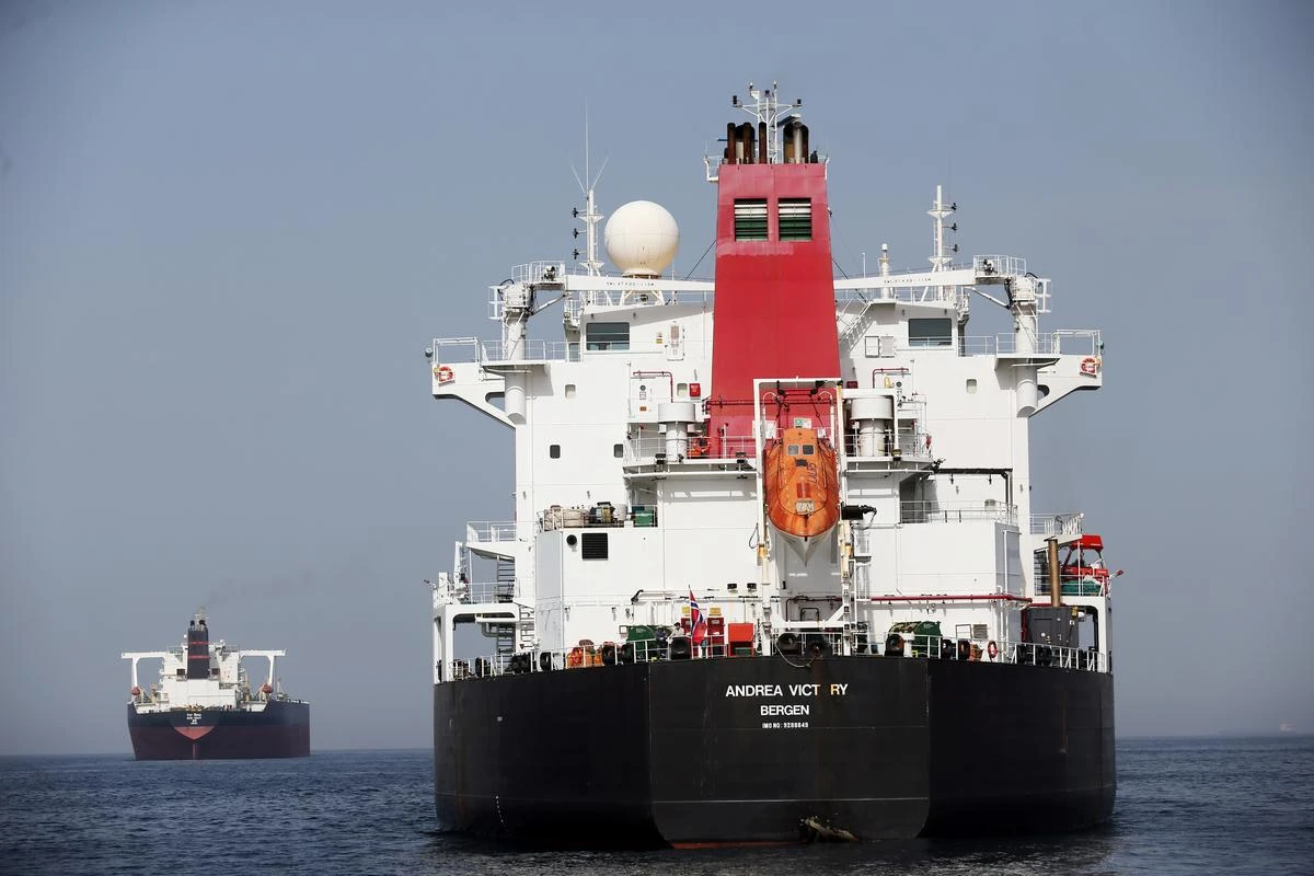 A damaged Andrea Victory ship is seen off the Port of Fujairah, UAE, on May 13, 2019. (File/Reuters)