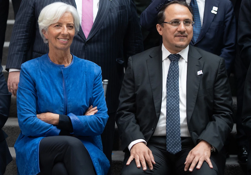 IMF Managing Director Christine Lagarde sits alongside Ahmed Alkholifey, Governor of the Saudi Arabian Monetary Authority (SAMA), during the G20 Finance Ministers and Central Bank Governors Meeting in Washington, DC. (File/AFP)