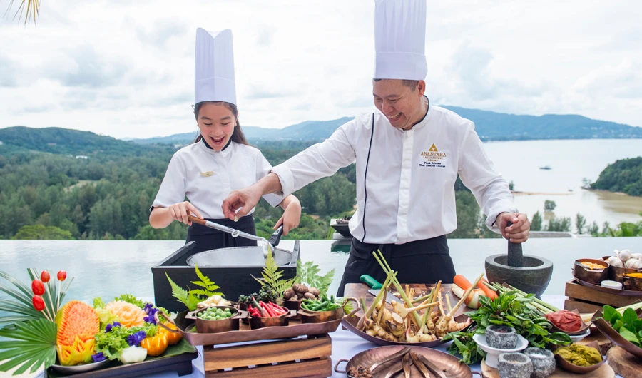 In the villa kitchen, budding cooks will help the chef prepare for the meal that evening.