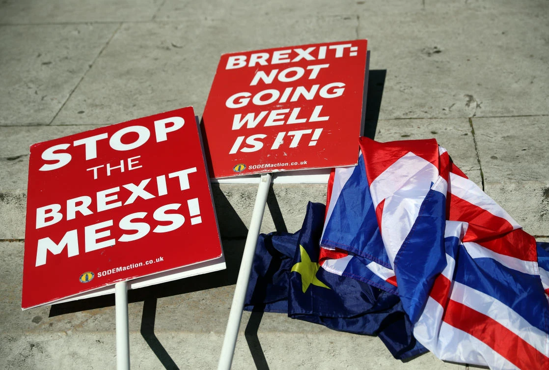 Anti-Brexit placards are seen on the floor outside the Houses of Parliament in London, Britain. (File/Reuters/Hannah McKay)