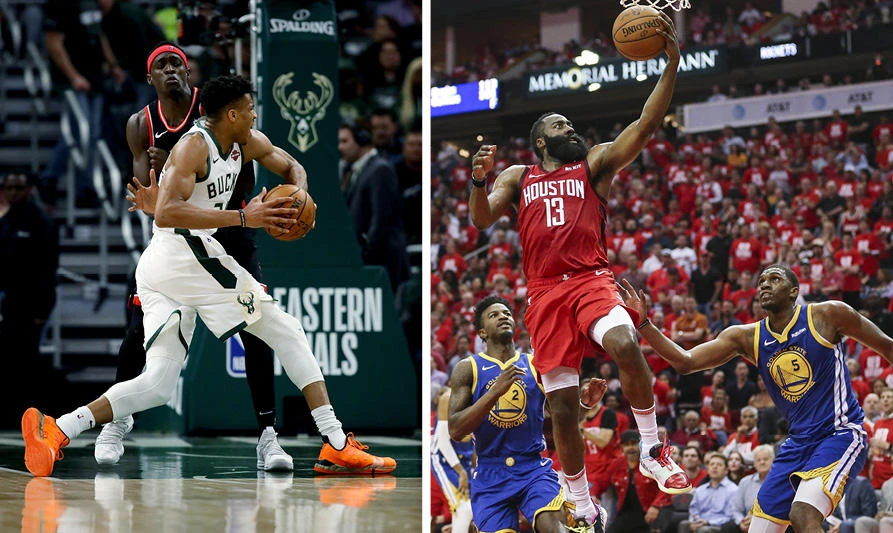 Giannis Antetokounmpo , left, and James Harden. (Reuters/AFP)