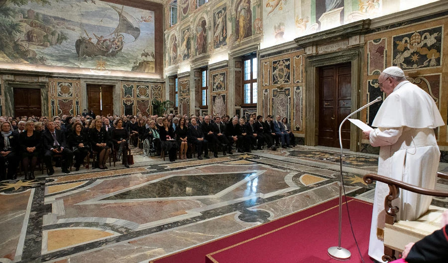 Pope Francis speaks during a meeting with the members of Italian Foreign Press Association at the Vatican on May 18, 2019. (Vatican Media/ÂHandout via REUTERS)