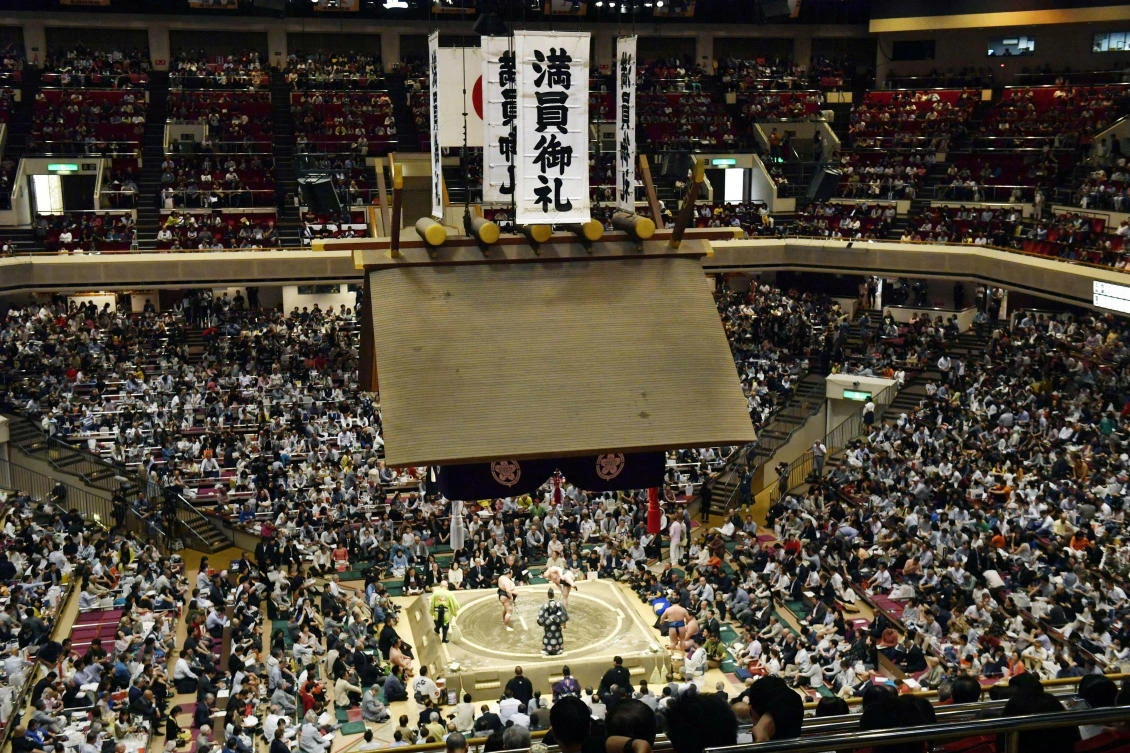 In this May 12, 2019, photo, banners thanking for a sellout crowd are displayed on the first day of Summer Grand Sumo Tournament in Tokyo. (AP)
