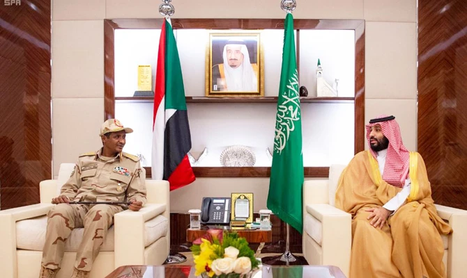 Saudi Crown Prince Mohammed bin Salman meets with General Mohamed Hamdan Dagalo (left), the deputy head of Sudan’s transitional military council, in Jeddah. (SPA)