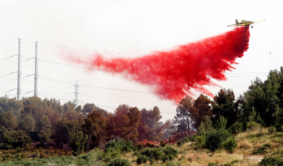 A firefighting aircraft flies over a forest near Kibbutz Harel, which was damaged by wildfires during a record heatwave, in Israel May 24, 2019. (REUTERS)