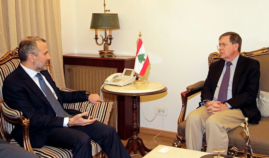 US Deputy Assistant Secretary of State David Satterfield, right, who is attempting to mediate a border dispute between Lebanon and Israel, meets with Lebanese Foreign Minister Gibran Bassil at the Lebanese foreign ministry in Beirut, Lebanon, Tuesday, May 28, 2019. (AP)