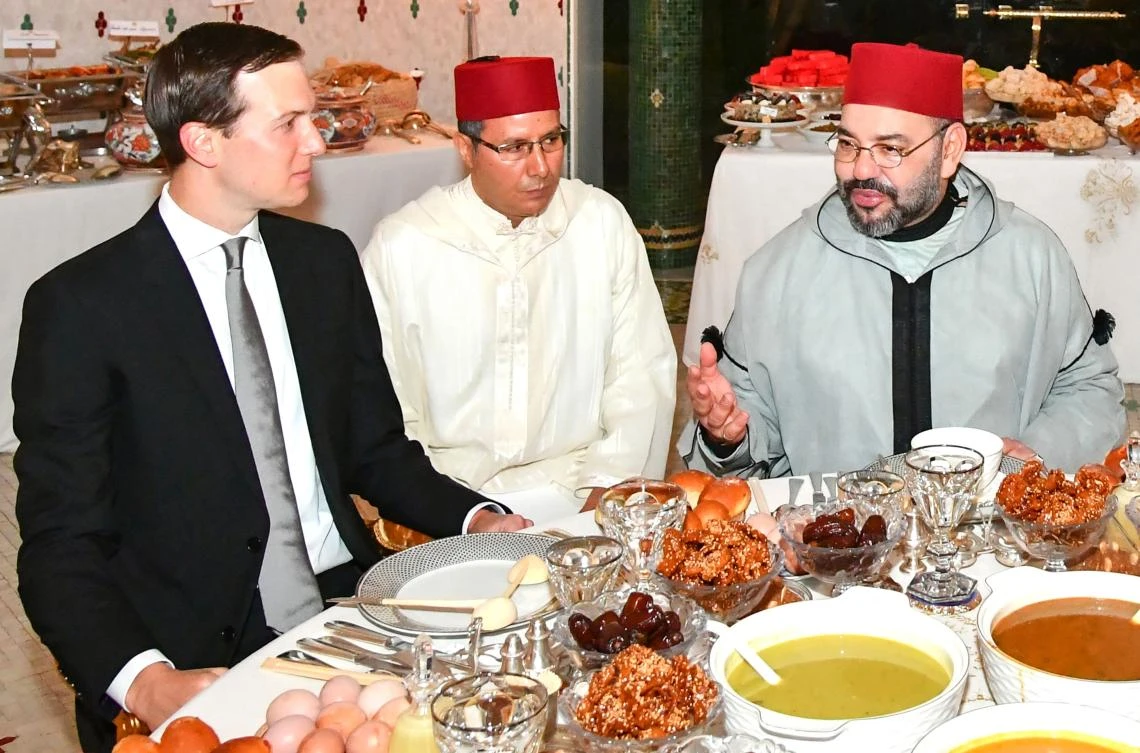 Moroccan King Mohammed VI sharing an Iftar meal with Jared Kushner, ( AFP/ Moroccan Royal Palace)