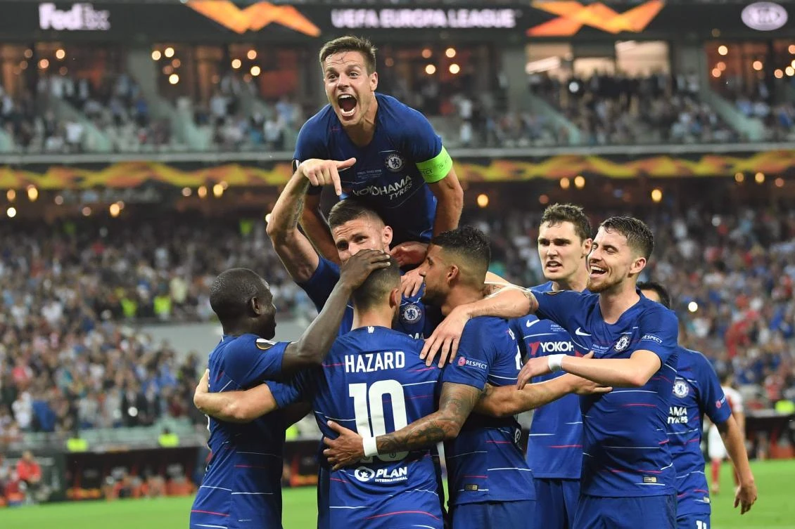 Chelsea players celebrate a goal during the UEFA Europa League final against Arsenal FC at Baku Olympic Stadium, Azerbaijian. (AFP)
