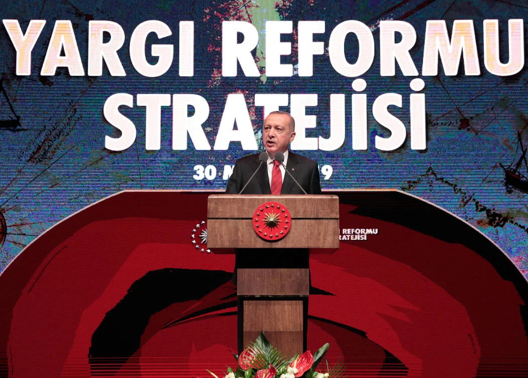 Turkish President Tayyip Erdogan speaks during a meeting to announce judiciary reforms in Ankara on Thursday, May 30, 2019. (Presidential Press Office/Reuters)