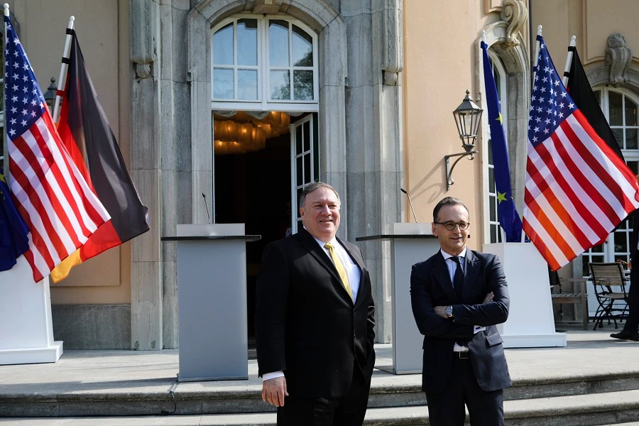 US Secretary of State Mike Pompeo is greeted by German Foreign Minister Heiko Maas prior to talks at Villa Borsig in north Berlin on May 31, 2019. (AFP)