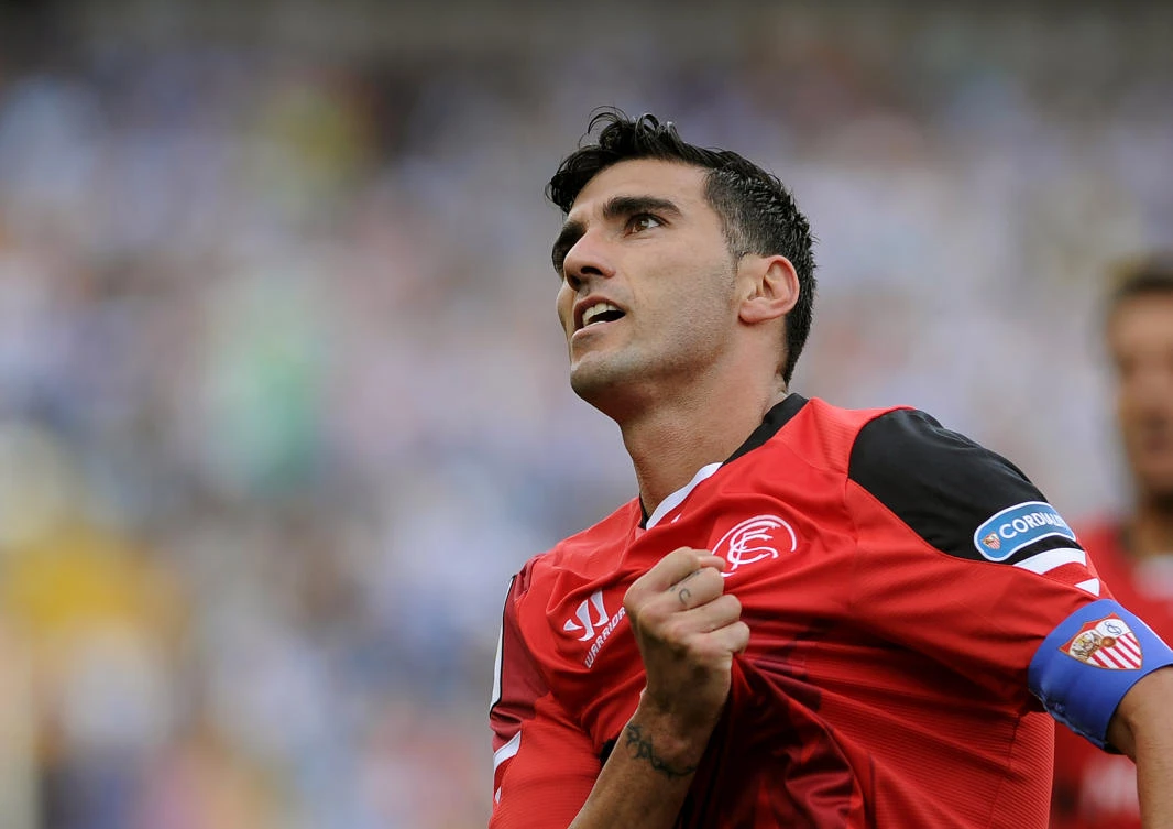 In this file photo taken on May 23, 2015 Sevilla's then forward Jose Antonio Reyes celebrates a goal during the Spanish league football match Malaga CF vs Sevilla FC at La Rosaleda stadium in Malaga. (AFP)
