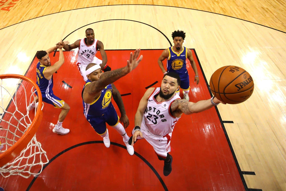 Fred VanVleet of the Toronto Raptors attempts a shot against the Golden State Warriors in the first half during Game One of the 2019 NBA Finals at Scotiabank Arena on May 30, 2019 in Toronto, Canada. (Gregory Shamus/Getty Images/AFP)