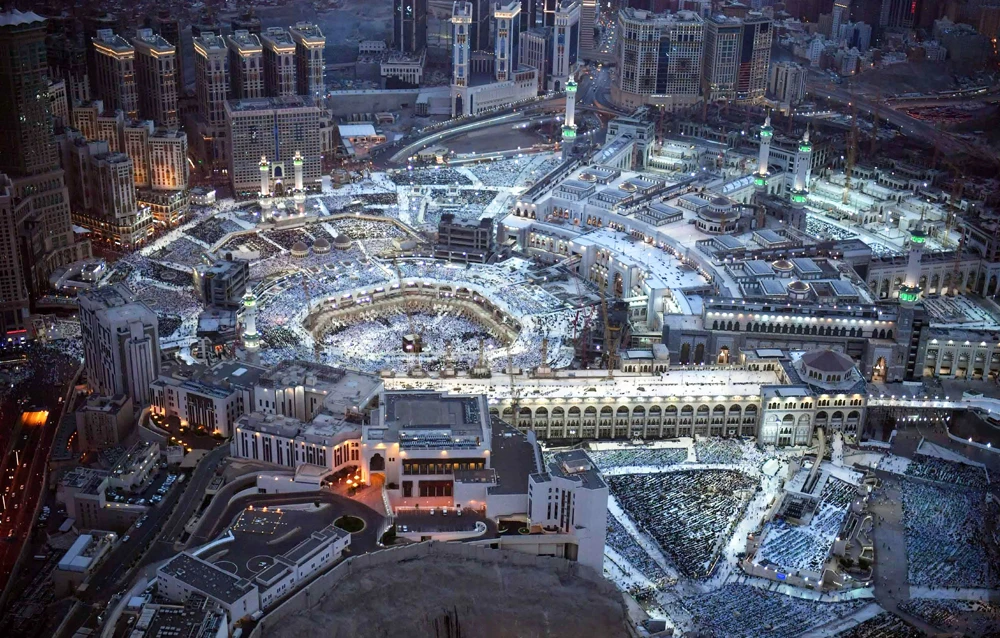 An aerial night view of the majestic Grand Mosque in Makkah teeming with worshippers. (SPA)