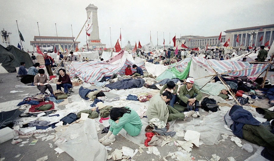 In this May 28, 1989 file photo, students rest in the litter of Tiananmen Square in Beijing, as their strike for government reform enters its third week. (AP)