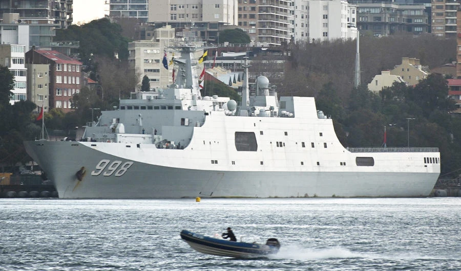 One of three Chinese warships is seen docked at Garden Island naval base in Sydney on June 3, 2019. (AFP)