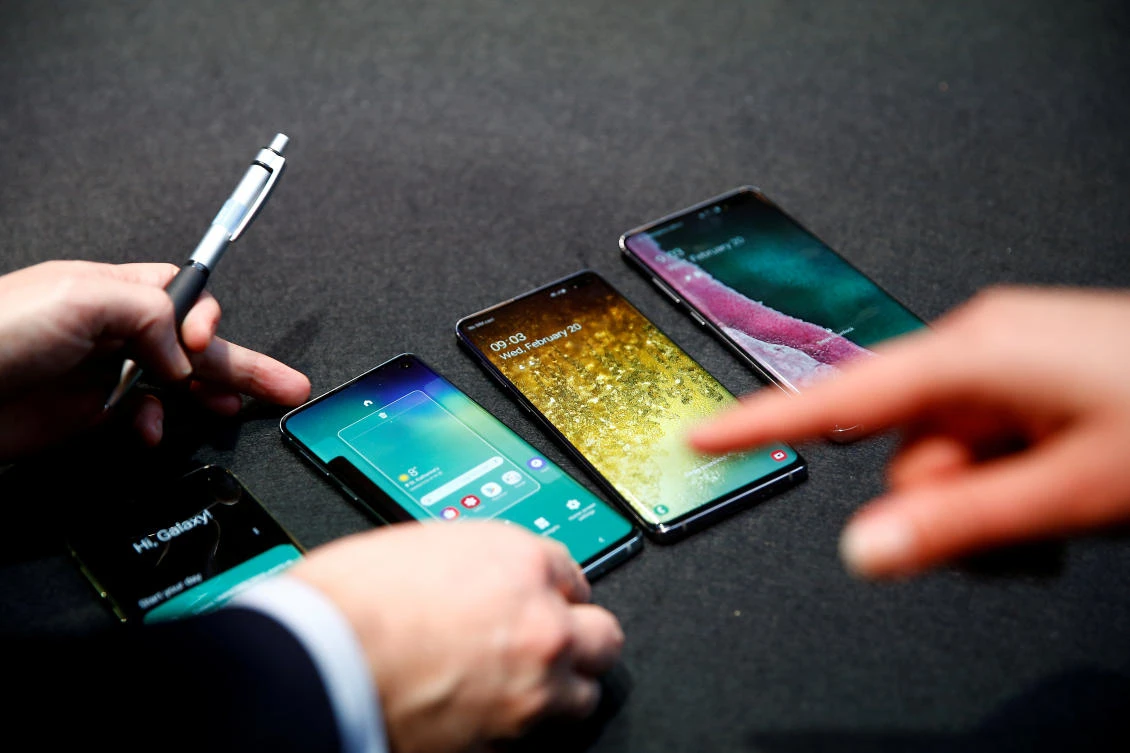 Above, Samsung’s latest Galaxy smartphones during a press event in London on February 20, 2019. (Reuters)