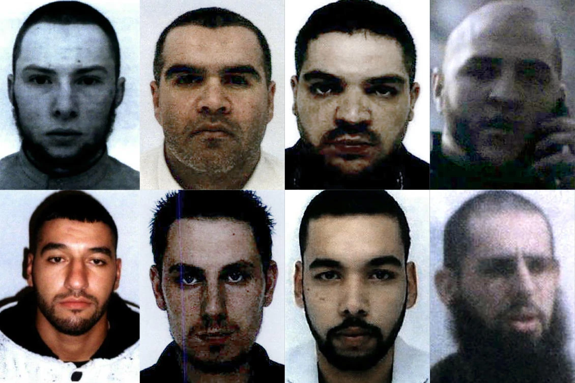 French nationals (from top left to bottom right) Vianney Ouraghi, Salim Machou, Mustapha Merzoughi, Brahim Nejara, Fodil Tahar Aouidate, Kevin Gonot, Yassine Sakkam and Leonard Lopez, all sentenced by a Baghdad court to death for joining Daesh. (AFP)