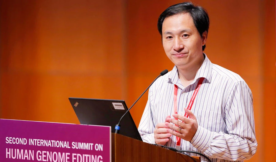 In this Nov. 28, 2018, file photo, He Jiankui speaks during the Human Genome Editing Conference in Hong Kong. (AP)