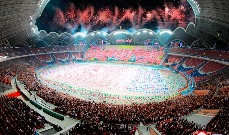 This Monday, June 3, 2019, photo provided on Tuesday, June 4, 2019, by the North Korean government shows the grand gymnastics and artistic performance at the May Day Stadium in Pyongyang. (AP)