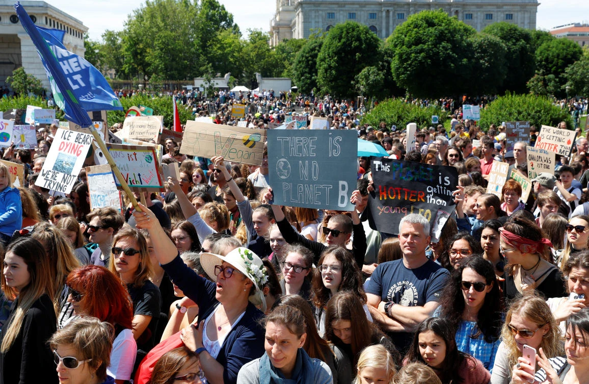 People attend a demonstration calling for action on climate change during the ‘Fridays for Future’ school strike in Vienna on May 31, 2019. (Reuters)
