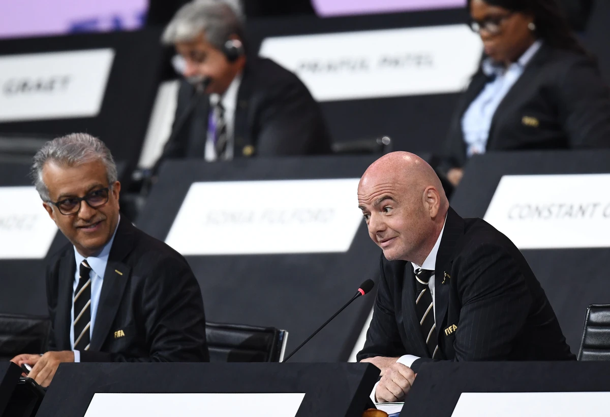 Asian Football Confederation (AFC) president Salman Bin Ibrahim Al-Khalifa, left, with FIFA President Gianni Infantino at the 69th FIFA Congress at Paris Expo, Porte de Versailles in Paris. (AFP)